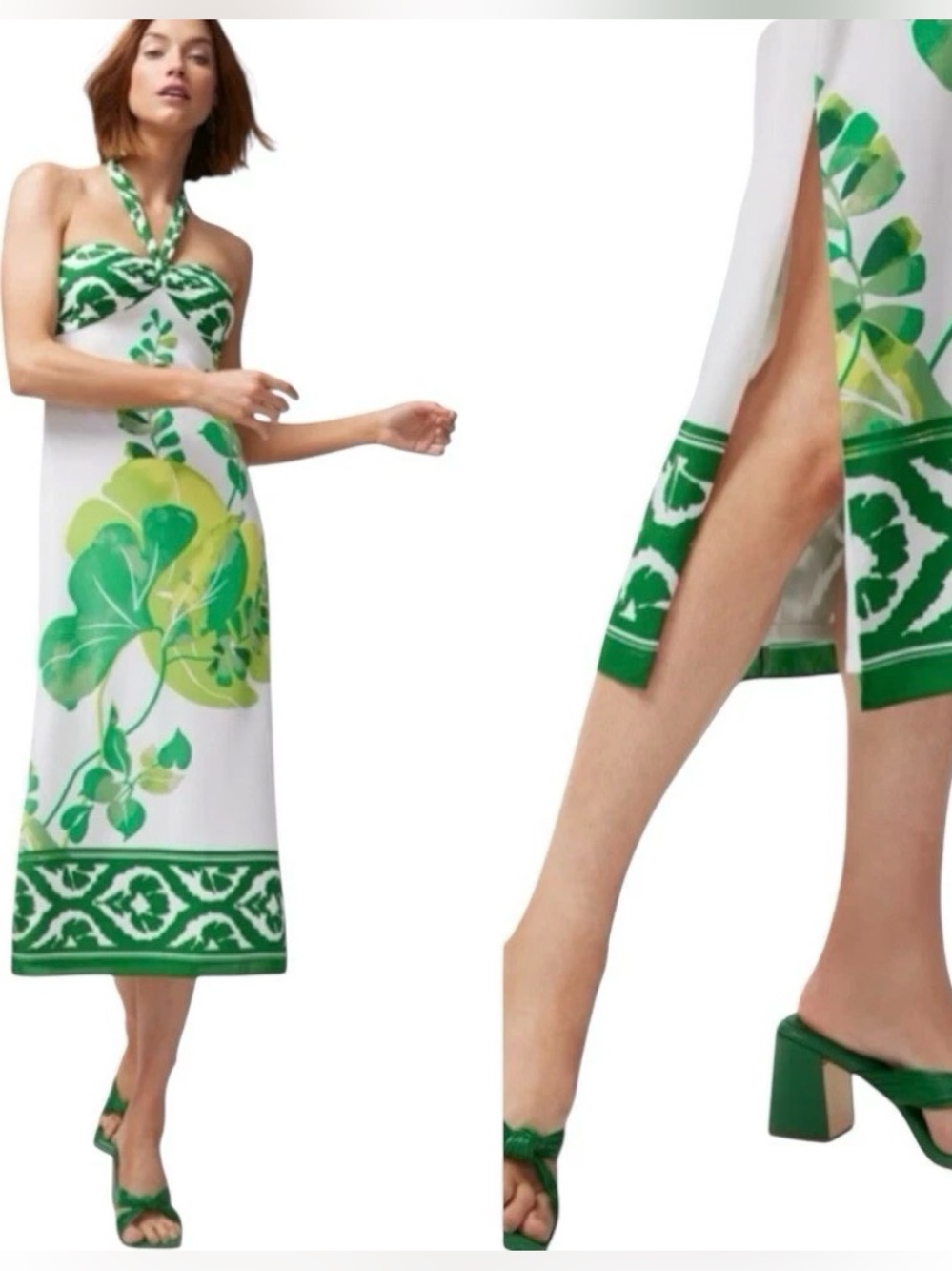 White House Black Market Green & White Tie Halter Botanical Midi Dress Size 0